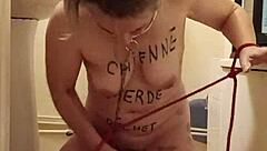 Amateur milf bound in BDSM humiliation session flashing natural tits as submissive slave in 2024.