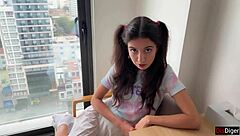 Brunette teen gets fucked hard in doggystyle and covered in cumshots on her face