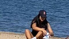 Juicy Asian Teases With Cameltoe On Beach - What A Hidden Candid Sight!