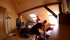 oh wow look at this big dick blowjob threesome party in school uniform skirts stockings and high heels backstage