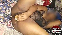 Ebony milf masturbates with dildo to squirting orgasm solo