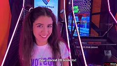 Winning the game leads to intense footjob with pigtail brunette in rough outdoor pov creampie