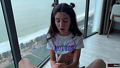 Winning the game leads to intense footjob with pigtail brunette in rough outdoor pov creampie