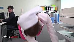 Bold hardcore blowjob from Asian office lady Chihiro Akino leads to intense creampie climax at work.