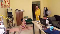 yoga session in office with curvy secretary