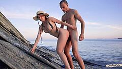 Intense young couple craves rough public beach fucking without barriers