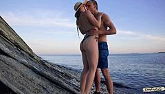 Intense young couple craves rough public beach fucking without barriers
