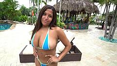 Thick ebony ex girlfriend spreads big ass for interracial anal by poolside