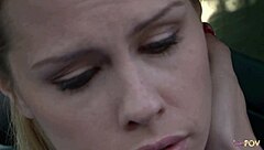 Stunning lesbian blonde licks shaved pussy and fingers small tits blonde in intense parking lot muff diving session