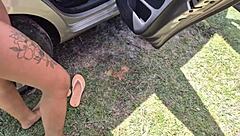 specific details of amateur latina pornstar in interracial threesome group at public location