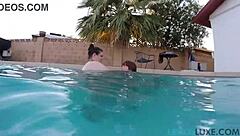 busty bbw lexxxi luxe and her fat friend with big tits play in pool underwater