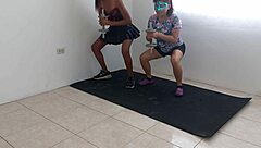 two latin girls perform acrobatic moves during workout. they flaunt big asses and exotic bodies in sensual display.