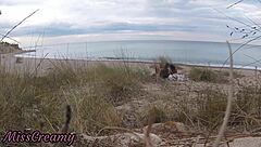 Amateur French teacher gets caught giving blowjob on nude beach to stranger, ending with public cumshot