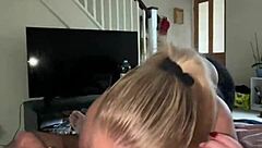 blonde with huge tits and blue eyes sucks stepson's big dick then gets fucked doggystyle despite feeling unwell