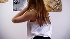 Horny secretary Jenny Appach teases in office with ripped pantyhose and panties using sex toy for solo masturbation in heels and miniskirt