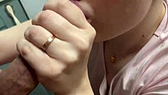 Intense blowjob leads to explosive cumshot on her face with thorough licking cleanup