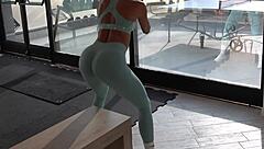 Fit athletic Latina with big ass fucks trainer after gym workout in leggings