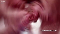 Blonde Russian milf in stockings takes double anal and piss swallow in gangbang