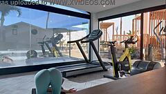 Fit athletic Latina with big ass fucks trainer after gym workout in leggings