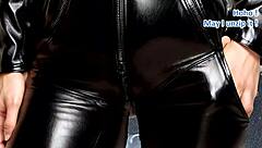 Leather catsuit redhead rides cowgirl in outdoor creampie escape!