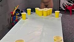 Wife strips after beer pong bet and sucks huge cock in homemade amateur blowjob