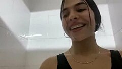 Risky slut masturbates in the gym shower fingering her wet pussy outdoors in public pov
