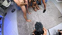 Three guys take on one babe in hard anal sex with double penetration behind the scenes