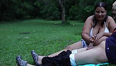 Oh wow, this voyeur woman jerks me off outdoors in public park!