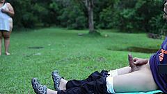 Oh wow, this voyeur woman jerks me off outdoors in public park!