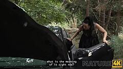 mature brunette on high heels seduces young guy in woods for public cock fucking