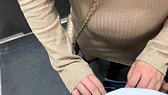 Blonde and Latina babes lick and blow big cock in public elevator after party.