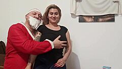 santa claus gets his dick blown by blonde in couple handjob until cumshot 😏💦