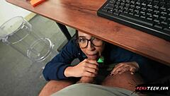 Sneaky blowjob under the classroom table with teen riding cowgirl and deepthroat action!