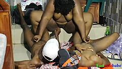 Ebony milf joins homemade threesome with blowjob riding cowgirl and wet pussy creampie action