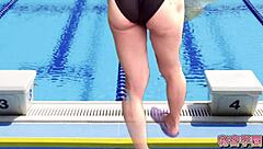 In a secretive swimming class, this crossdressing amateur strips and masturbates outdoors in a bikini until orgasm hits