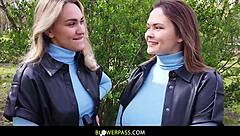 Super Size Tits Blonde Sorority Pledge Peachy Alice In First Threesome With Pawg Merida Sat Outdoor