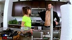 Hey, check out this petite Latina riding that monster cock while mom's away