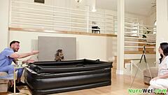 oh i feel so naughty as this big tit brunette masseuse films herself giving a wet naked nuru massage to seth gamble and gal ritchie