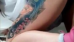 Watch this naughty babe flaunt her huge clit and hairy pussy in tight jeans shorts - no panties!