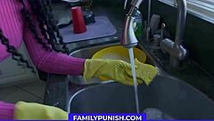 Stuck cock deep in ebony housewife's wet pussy during dish cleaning