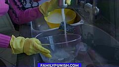 Stuck cock deep in ebony housewife's wet pussy during dish cleaning