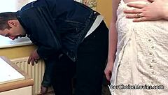 Chubby big boobed homemade mature housewife shows off saggy tits in everyday setting