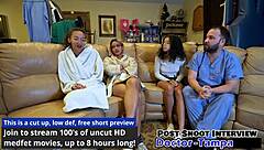 curly tanned florida woman undergoes gyno exam with gloves spreading shaved pussy in detailed pov backstage