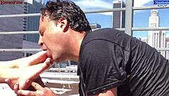 Why settle for one when two amateur girls give outdoor footjobs and wet dreams on balcony with big dick?