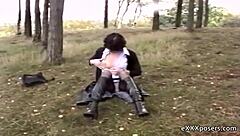 Would you pay this British brunette to masturbate her shaved pussy outdoors?