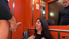 subtle hints of risky public anal in elevator with pov blowjob and cum on ass for skinny teen babe in dress