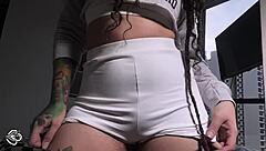 Nerdy Brunette with Hairy Pussy and Pierced Nipples Masturbates Until Squirting