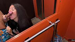 subtle hints of risky public anal in elevator with pov blowjob and cum on ass for skinny teen babe in dress