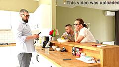 hot wife chatted sweetly with hubby but dirty licked hotel guest's ass and balls behind his back