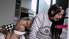 Nerdy Brunette with Hairy Pussy and Pierced Nipples Masturbates Until Squirting